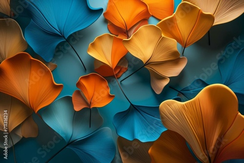 Vibrant 3D artwork with orange, blue, and golden ginko biloba leaves on a canvas mural wallpaper. Generative AI