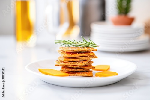 rye crackers stacked with cheddar slices on white plate