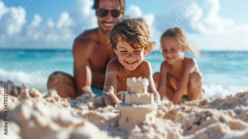 Smiling family building sandcastles, waves echoing their joy on a sunny shore