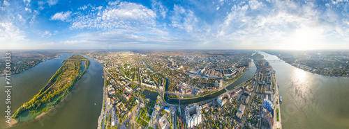 Astrakhan, Russia. Panorama of the city from the air in summer. The Volga River and Gorodstoy Island. Panorama 360. Aerial view