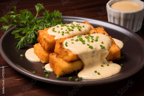 Fried bread with cheese sauce and fillet