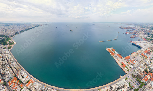 Thessaloniki, Greece. Panorama of the city and port. Cloudy weather. Aerial view