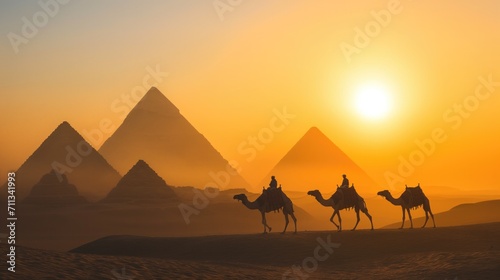 Silhouettes of camels against the background of the pyramids.