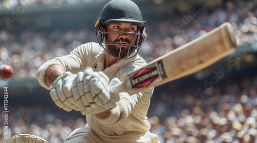 Front view of Cricket Batsman Action, Cricket game closeup player batting ball