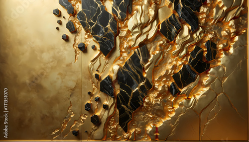 Pared de Background o Fondo de Lujo - Piedra Negra con Veteados Dorados de Oro Macizo y Toque Metálico - Símbolo de Riqueza y Abundancia
