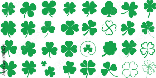 Clover leaf, St. Patrick’s Day, vibrant green pattern, ideal for wallpapers, backgrounds, design elements. Various shapes, sizes, isolated on white