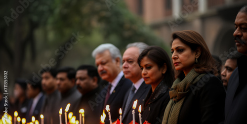 Group of solemn people holding lit candles in a vigil to commemorate a solemn occasion or tribute