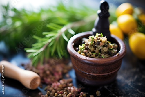 olive tapenade in a mortar and pestle with fresh herbs