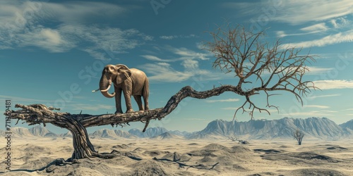 A lone elephant stands on a dry branch and looks at the desolate landscape in front of him.