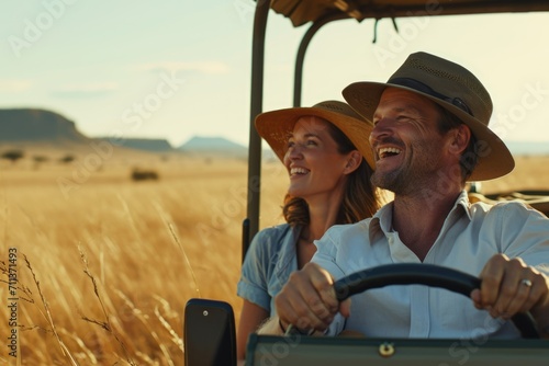 Smiling and happy couple on safari in Africa