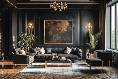 Art deco style interior design of modern living room with black wall and golden decor pieces.