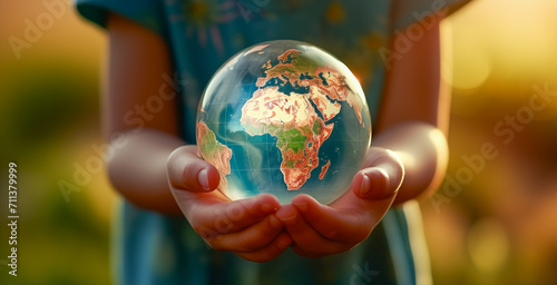 the hands of a girl holding the planet Earth in her hands, with the background illuminated by the sun and out of focus.