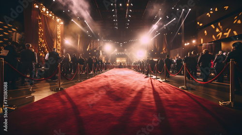 an empty red carpet in an indoor room night with people on either side. yellow spotlights and rope.