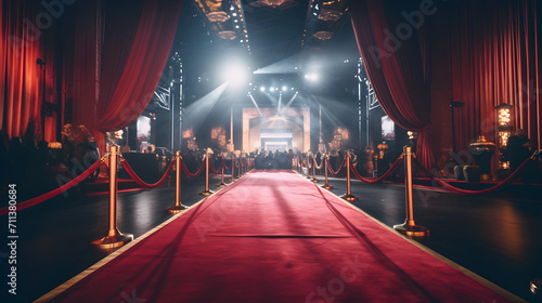an empty red carpet in an indoor room night. red curtain spotlights and rope.
