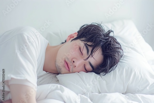ベッドで寝ている日本人男性のポートレート（睡眠・うたたね・寝る・快眠・休息）
