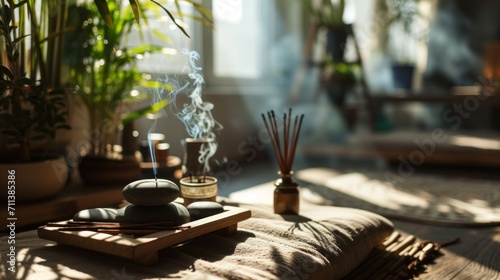 Tranquil Meditation Space with Incense and Zen Garden. serene mindfulness corner featuring meditation cushions, burning incense sticks, calming stones, spiritual and mental wellness.