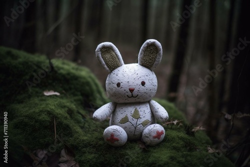 A cute plushie toy with a heart-shaped accessory is placed in a mystical woodland. Generative AI