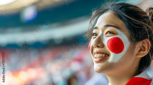 Happy Japanese woman supporter with face painted in Japan flag colors, red and white, Japanese fan at a sports event such as football or baseball match, blurry stadium background, copy space