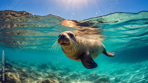 Underwater shot of a seal swimming and looking forward. Wildlife image of a sea lion underwater. Underwater closeup of a seal swimming looking to the side.