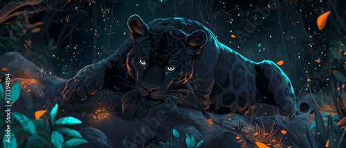 Black Jaguar Resting Under Starlit Sky