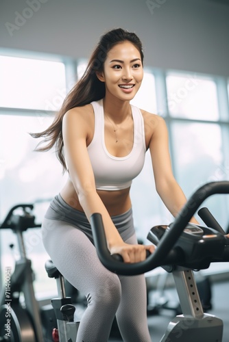 asian athlete training on a bicycle at home