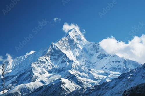 Capture the grandeur of snow-capped peaks against a clear blue sky