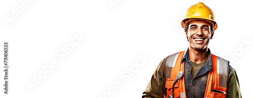 Close-up of a smiling male road worker in uniform, helmet, special clothing, white background isolate.
