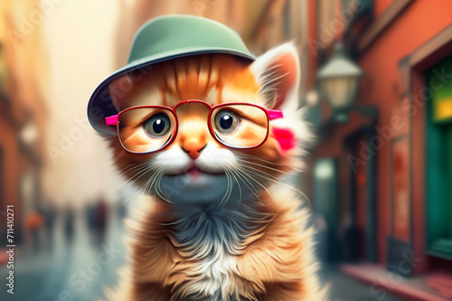 Chaton roux myope avec des lunettes.