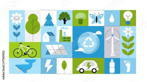 Sustainability and ecology care geometric mosaic template. Clean energy, green industry, renewable recourses concept. Vector illustration.