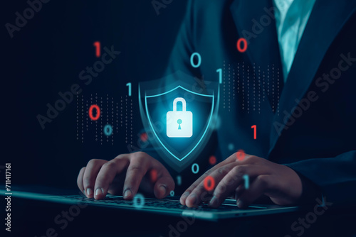 cyber security concept User privacy security and internet data protection concept Businessman protects personal information on virtual screen of smartphone