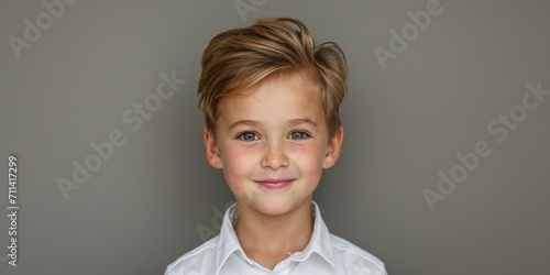 A 5 year old cheerful boy in a white school uniform, passport photography