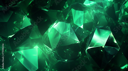 Varias gemas quebradas e separadas de esmeralda isolado no fundo verde 