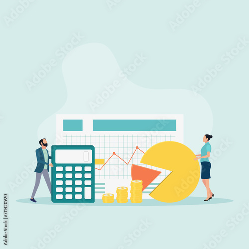 Accountants business people with calculator, reporting on spreadsheets, accounting and financial audit, calculating budget, profit and loss. Drawing up a report schedule. 
