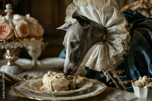 greyhound dog wearing an 18th century French style wig eats a gourmet cake
