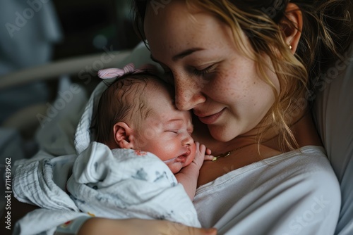 Miracle of Birth: In the Hospital, a Mother Gives Birth, Welcoming a Newborn into Her Lap - Exhausted but Overflowing with Tired Happiness and Maternal Joy