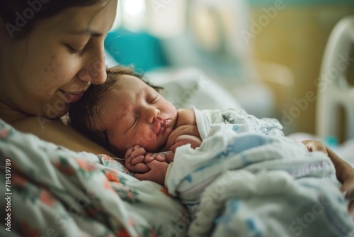 Miracle of Birth: In the Hospital, a Mother Gives Birth, Welcoming a Newborn into Her Lap - Exhausted but Overflowing with Tired Happiness and Maternal Joy