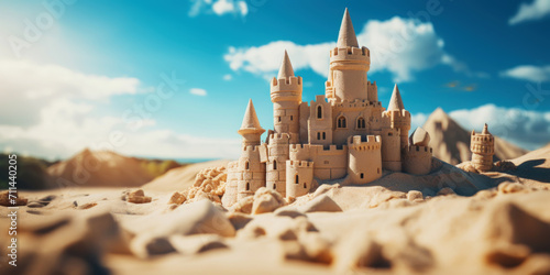 Grand intricate sandcastle on the beach during a summer day. Generative AI