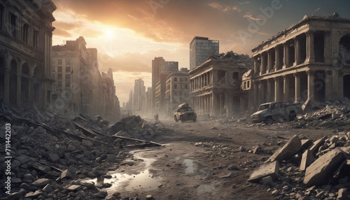 Abandoned ruins and debris in a post-apocalyptic cityscape under a glowing sunset