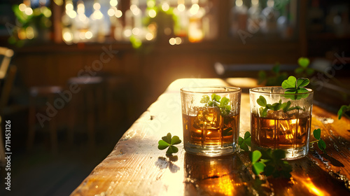 Product photograph of Two Whisky rock glass on a irish pub wooden table with clover bouquet in the center. Green color palette. Drinks. St. Patrick's . Friends 