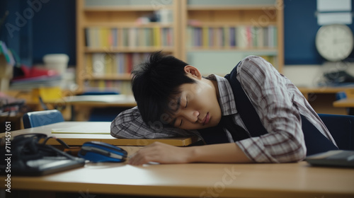 Jovem japones dormindo na sala de aula em cima da carteira 