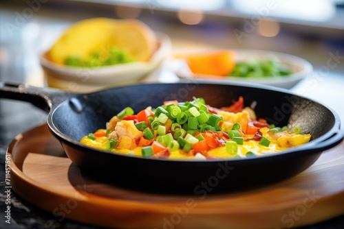 omelette with diced vegetables and cheddar cheese on a skillet