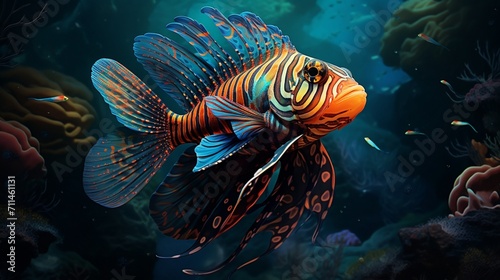 An intricately detailed depiction of a mandarinfish amidst coral reefs, showcasing its vibrant colors and intricate patterns - Generative AI