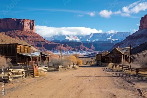 Old west town, landscape with canyons and desert in the background, western concept.