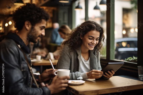 Portrait of smiling young woman at a cafe table looking at digital tablet with a friend drinking coffee by her.