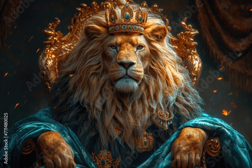 Lion king enthroned on throne with crown and rod of power, majestic powerful wild predator