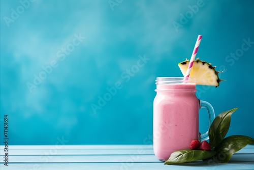 Strawberry smoothie in mason jar on blue table - healthy and vibrant breakfast and snack