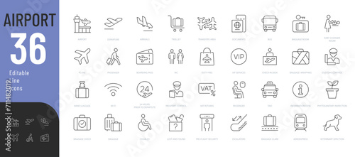 Airport Line Editable Icons set Vector illustration in modern thin line style of air station related icons: departure and arrival areas, passport control, luggage, and more. Isolated on white. 