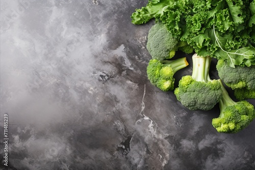 Vibrant heap of fresh green broccoli on a rustic stone table - stunning top-down view