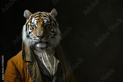 Tiger An animal in Renaissance clothes, in a baroque suit, a close-up portrait of a past era, fashionable vintage retro style