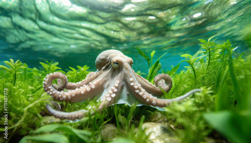 octopus in the sea, clear water, greens